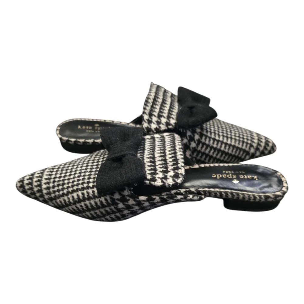 KATE SPADE Karin Houndstooth Black & White Bow‎ Pointed Toe Slip-Ons Mules - 9M
